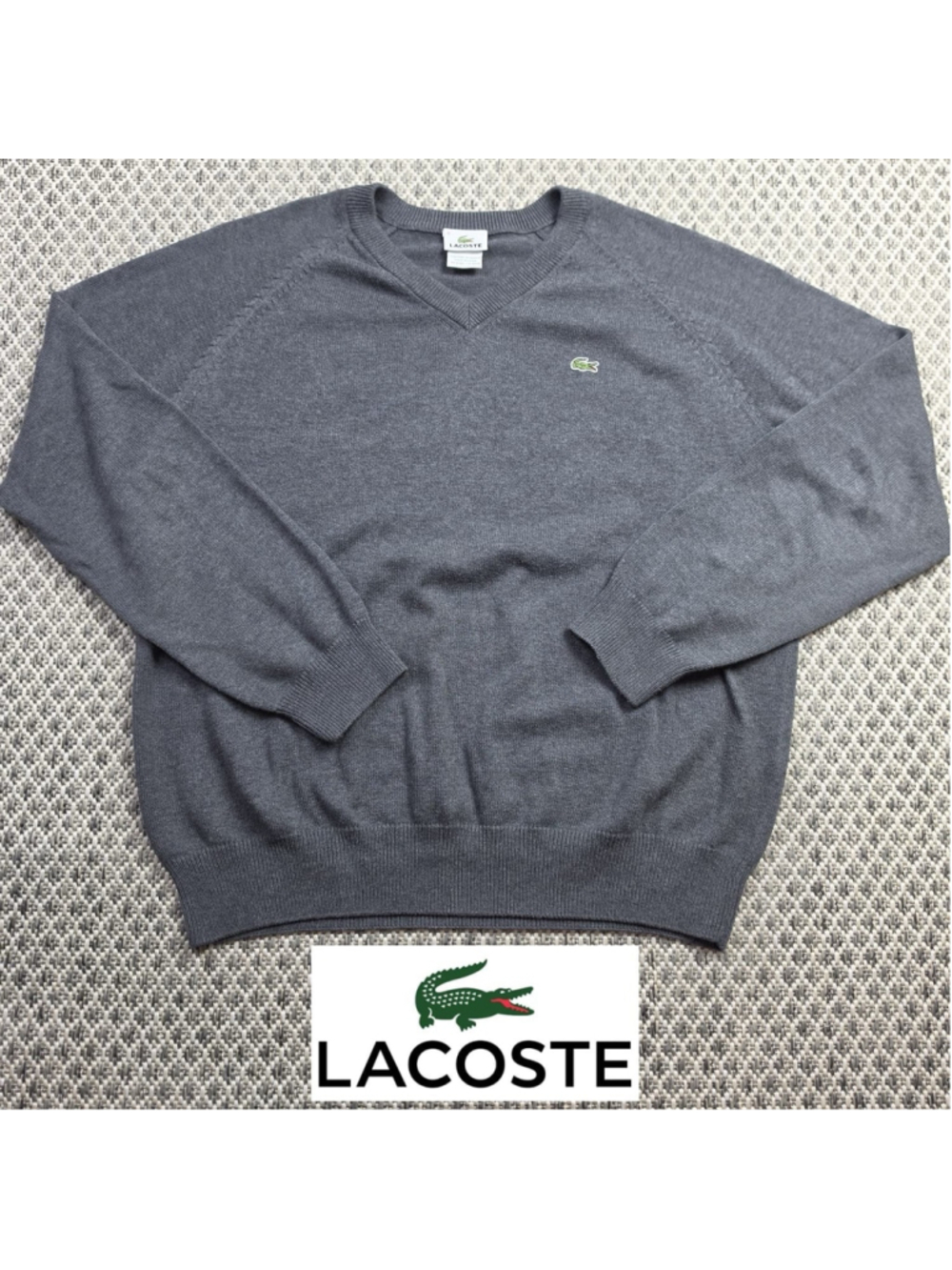 Lacoste Mens Size 5 Gray V Neck Sweater 100% Cotton Crocodile Logo